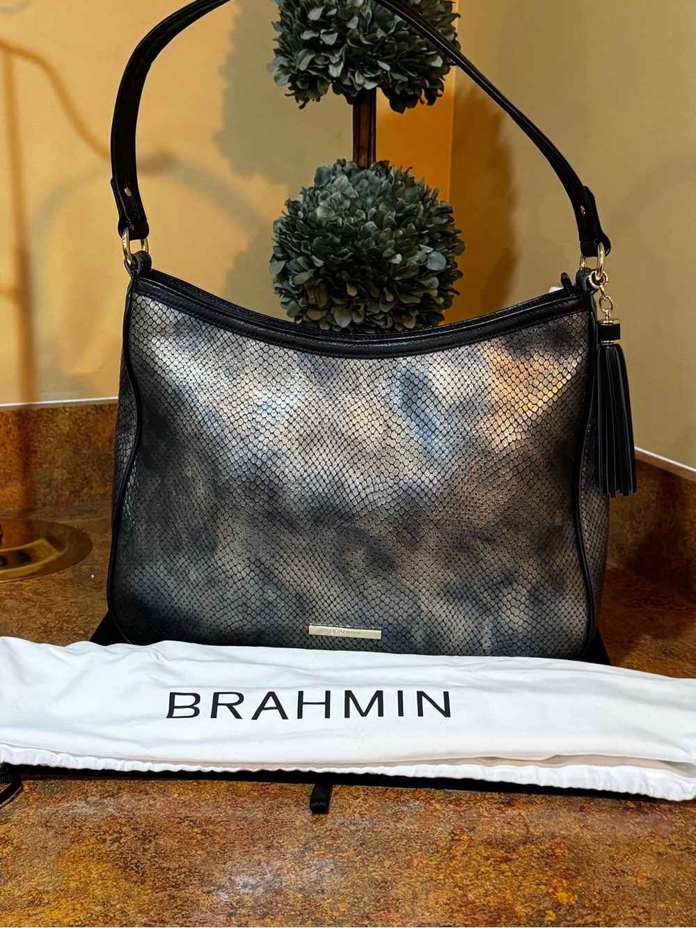 Brahmin metallic python-print leather shoulder hobo bag, pristine